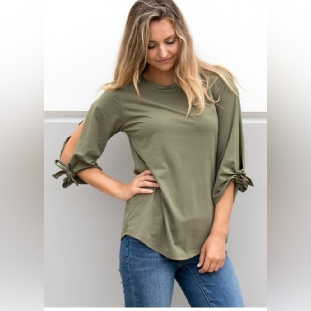 EUC-Tickled Teal Olive Tie Sleeve Tunic